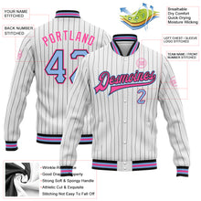 Load image into Gallery viewer, Custom White Black Pinstripe Light Blue-Pink Bomber Full-Snap Varsity Letterman Jacket
