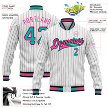 Charger l&#39;image dans la galerie, Custom White Black Pinstripe Aqua-Pink Bomber Full-Snap Varsity Letterman Jacket
