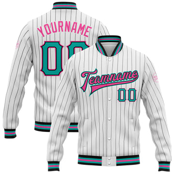 Custom White Black Pinstripe Aqua-Pink Bomber Full-Snap Varsity Letterman Jacket