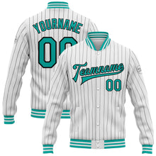 Charger l&#39;image dans la galerie, Custom White Black Pinstripe Aqua Bomber Full-Snap Varsity Letterman Jacket
