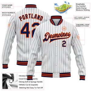 Custom White Navy Pinstripe Orange Bomber Full-Snap Varsity Letterman Jacket