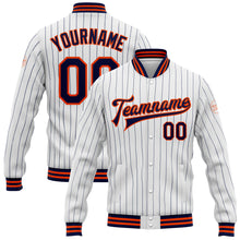 Charger l&#39;image dans la galerie, Custom White Navy Pinstripe Orange Bomber Full-Snap Varsity Letterman Jacket
