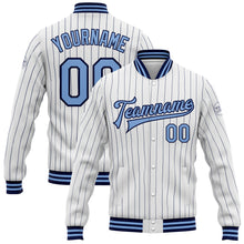 Charger l&#39;image dans la galerie, Custom White Navy Pinstripe Light Blue Bomber Full-Snap Varsity Letterman Jacket
