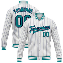 Загрузить изображение в средство просмотра галереи, Custom White Navy Pinstripe Teal Bomber Full-Snap Varsity Letterman Jacket
