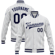 Charger l&#39;image dans la galerie, Custom White Navy Pinstripe Gray Bomber Full-Snap Varsity Letterman Jacket
