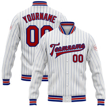 Charger l&#39;image dans la galerie, Custom White Royal Pinstripe Red Bomber Full-Snap Varsity Letterman Jacket
