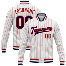 Charger l&#39;image dans la galerie, Custom White Red Pinstripe Navy Bomber Full-Snap Varsity Letterman Jacket
