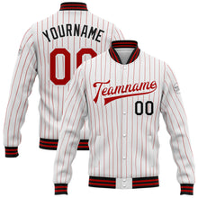 Charger l&#39;image dans la galerie, Custom White Red Pinstripe Black Bomber Full-Snap Varsity Letterman Jacket
