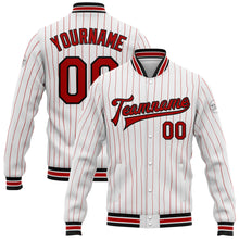 Charger l&#39;image dans la galerie, Custom White Red Pinstripe Black Bomber Full-Snap Varsity Letterman Jacket
