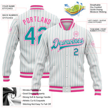 Charger l&#39;image dans la galerie, Custom White Teal Pinstripe Pink Bomber Full-Snap Varsity Letterman Jacket
