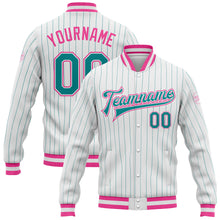 Загрузить изображение в средство просмотра галереи, Custom White Teal Pinstripe Pink Bomber Full-Snap Varsity Letterman Jacket
