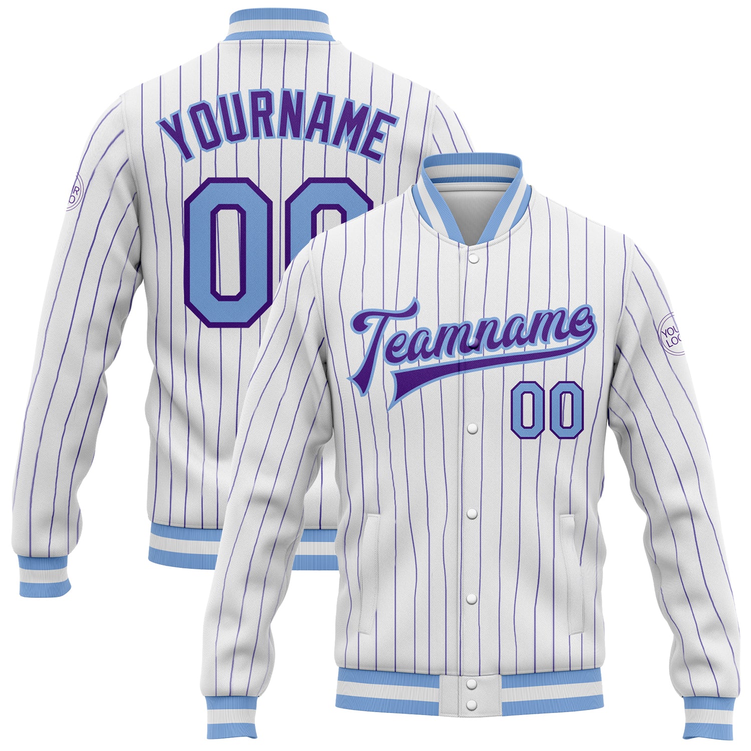 Cheap Custom Purple Light Blue-White Bomber Full-Snap Varsity