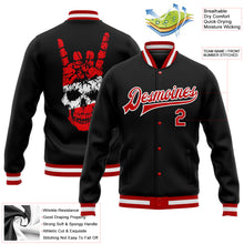 Charger l&#39;image dans la galerie, Custom Black Red-White Skull Fashion 3D Bomber Full-Snap Varsity Letterman Jacket
