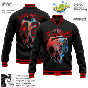 Custom Black Red Skull Fashion 3D Bomber Full-Snap Varsity Letterman Jacket