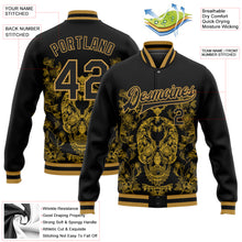 Charger l&#39;image dans la galerie, Custom Black Old Gold Skull Fashion 3D Bomber Full-Snap Varsity Letterman Jacket
