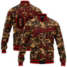 Charger l&#39;image dans la galerie, Custom Black Red Rose Skull Fashion 3D Bomber Full-Snap Varsity Letterman Jacket
