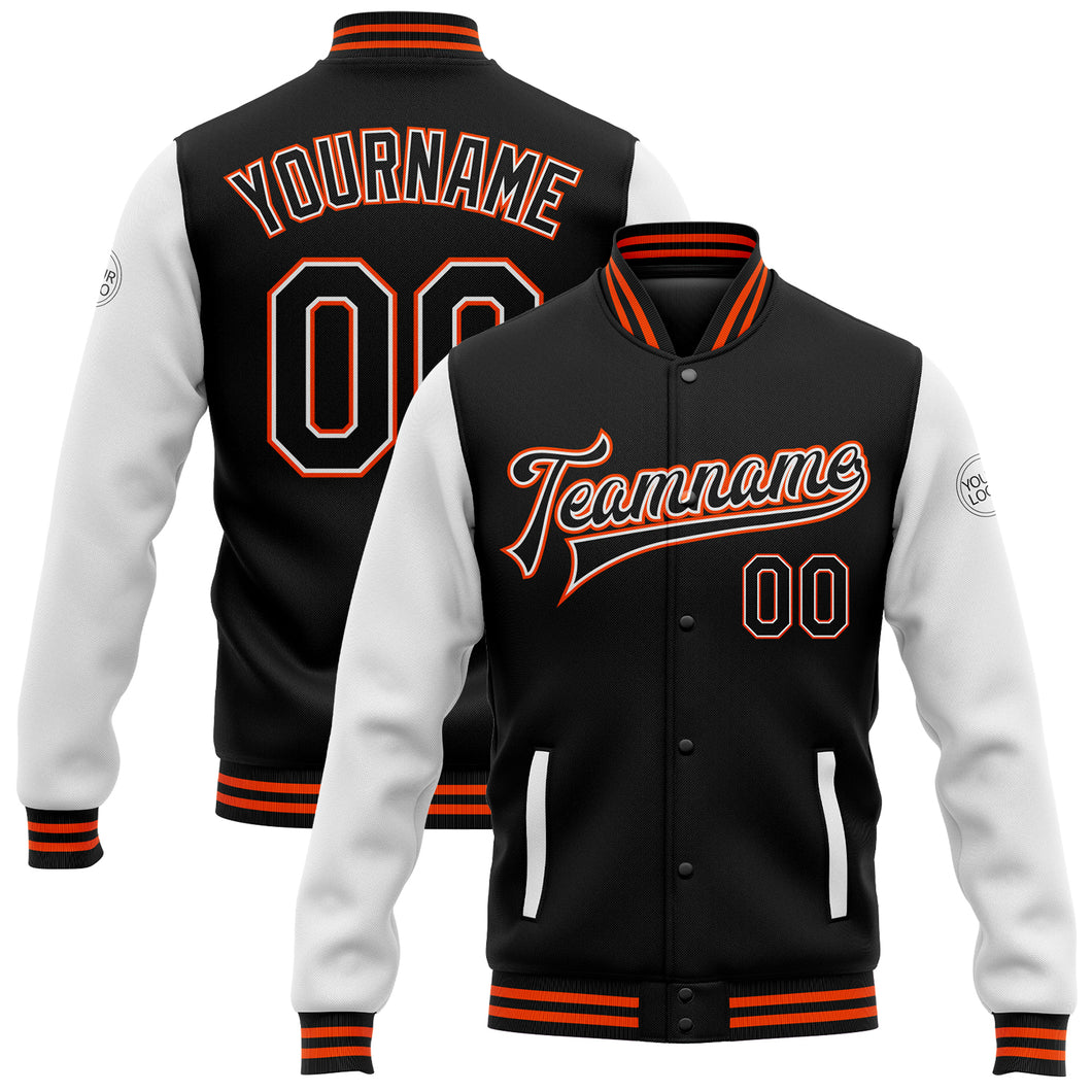 Custom Black White-Orange Bomber Full-Snap Varsity Letterman Two Tone Jacket