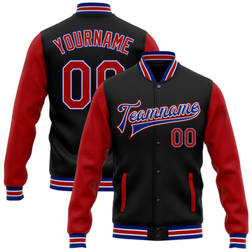 Custom Black Red-Royal Bomber Full-Snap Varsity Letterman Two Tone Jacket