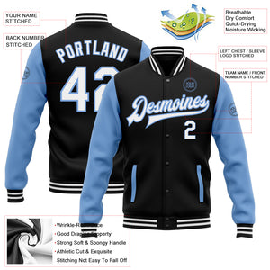 Custom Black White-Light Blue Bomber Full-Snap Varsity Letterman Two Tone Jacket