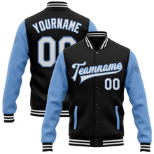 Load image into Gallery viewer, Custom Black White-Light Blue Bomber Full-Snap Varsity Letterman Two Tone Jacket
