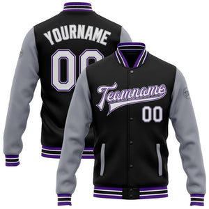 Custom Black White Purple-Gray Bomber Full-Snap Varsity Letterman Two Tone Jacket