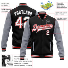 Load image into Gallery viewer, Custom Black White Red-Gray Bomber Full-Snap Varsity Letterman Two Tone Jacket
