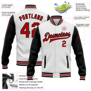 Custom White Red-Black Bomber Full-Snap Varsity Letterman Two Tone Jacket