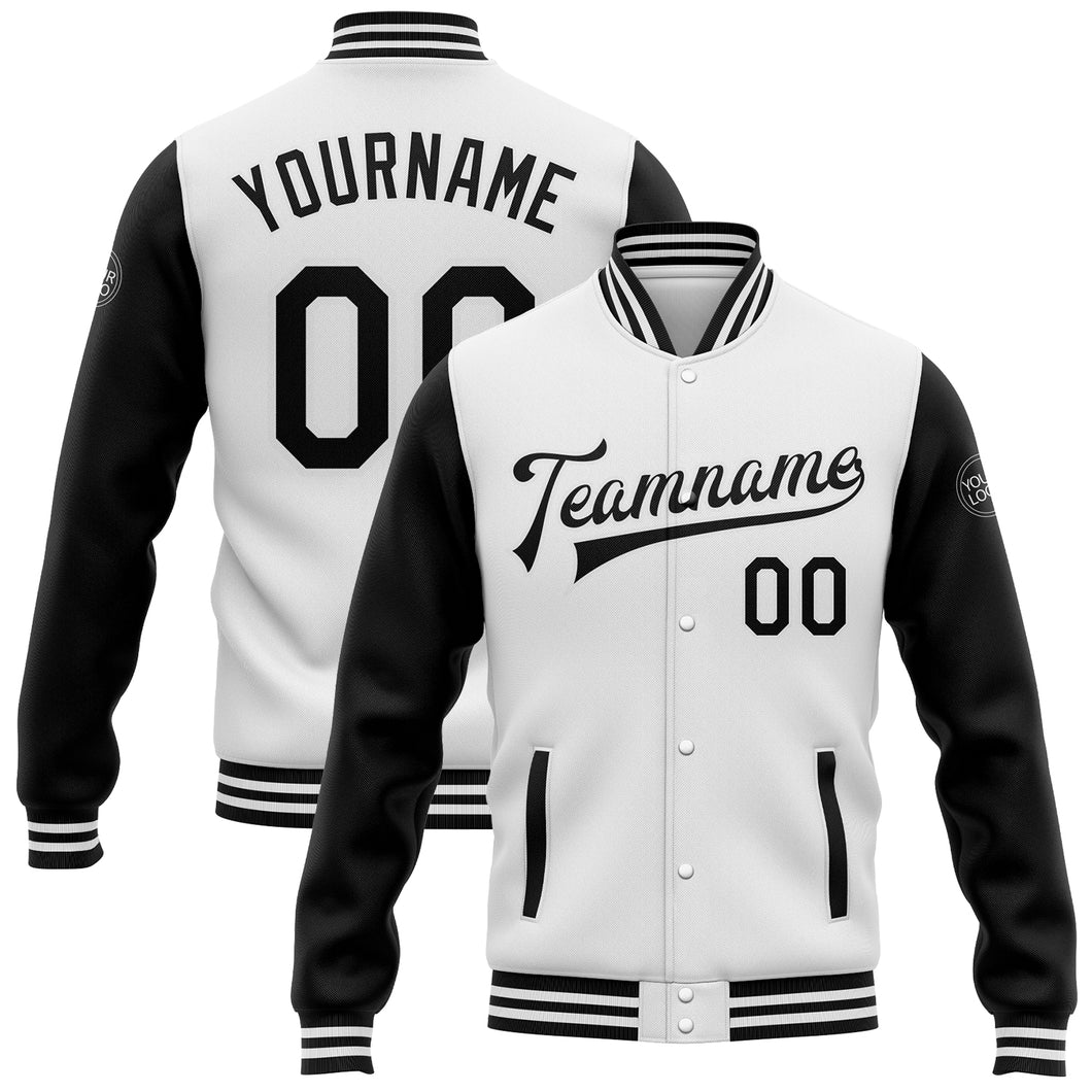 Custom White Black Bomber Full-Snap Varsity Letterman Two Tone Jacket