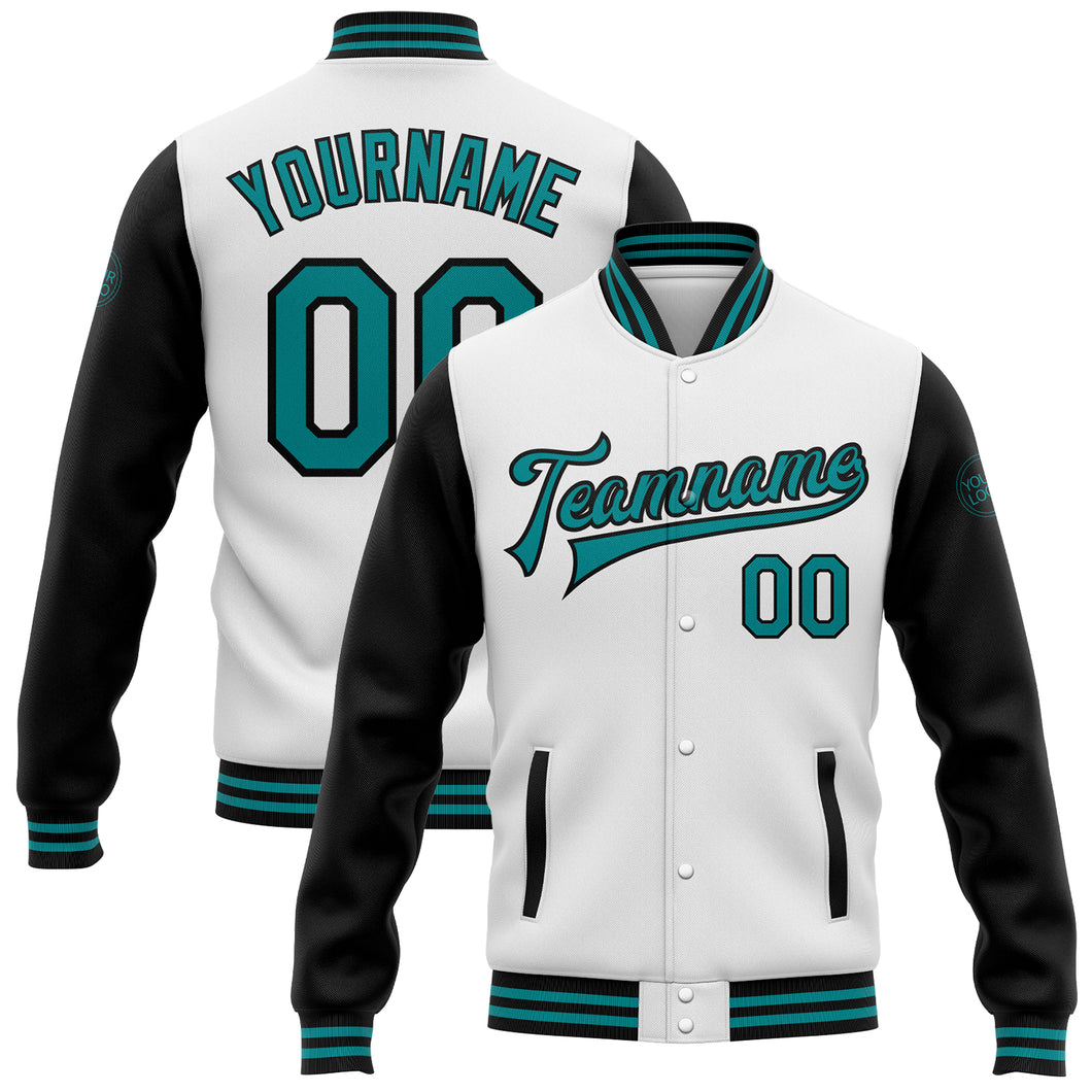 Custom White Teal-Black Bomber Full-Snap Varsity Letterman Two Tone Jacket