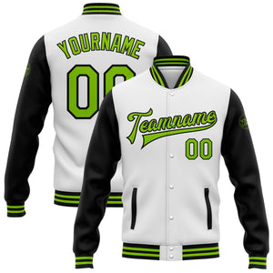 Custom White Neon Green-Black Bomber Full-Snap Varsity Letterman Two Tone Jacket