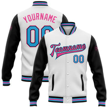 Load image into Gallery viewer, Custom White Sky Blue-Pink Bomber Full-Snap Varsity Letterman Two Tone Jacket
