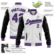 Загрузить изображение в средство просмотра галереи, Custom White Purple-Black Bomber Full-Snap Varsity Letterman Two Tone Jacket
