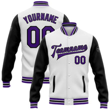 Загрузить изображение в средство просмотра галереи, Custom White Purple-Black Bomber Full-Snap Varsity Letterman Two Tone Jacket
