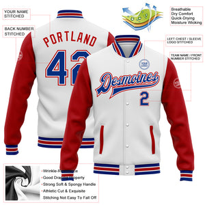 Custom White Royal-Red Bomber Full-Snap Varsity Letterman Two Tone Jacket