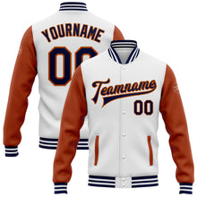 Load image into Gallery viewer, Custom White Navy-Texas Orange Bomber Full-Snap Varsity Letterman Two Tone Jacket
