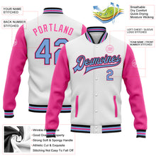 Charger l&#39;image dans la galerie, Custom White Light Blue Black-Pink Bomber Full-Snap Varsity Letterman Two Tone Jacket
