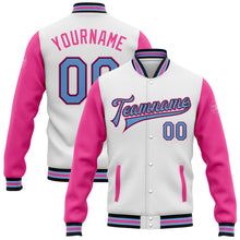 Charger l&#39;image dans la galerie, Custom White Light Blue Black-Pink Bomber Full-Snap Varsity Letterman Two Tone Jacket
