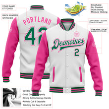 Load image into Gallery viewer, Custom White Kelly Green-Pink Bomber Full-Snap Varsity Letterman Two Tone Jacket
