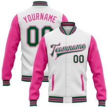 Load image into Gallery viewer, Custom White Kelly Green-Pink Bomber Full-Snap Varsity Letterman Two Tone Jacket
