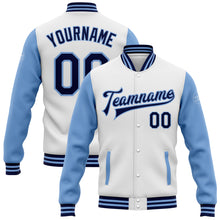 Charger l&#39;image dans la galerie, Custom White Navy-Light Blue Bomber Full-Snap Varsity Letterman Two Tone Jacket
