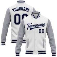 Загрузить изображение в средство просмотра галереи, Custom White Navy-Gray Bomber Full-Snap Varsity Letterman Two Tone Jacket
