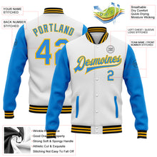 Charger l&#39;image dans la galerie, Custom White Powder Blue Gold-Black Bomber Full-Snap Varsity Letterman Two Tone Jacket
