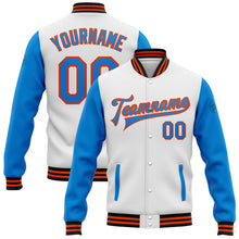 Charger l&#39;image dans la galerie, Custom White Powder Blue Orange-Black Bomber Full-Snap Varsity Letterman Two Tone Jacket
