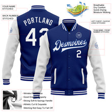 Загрузить изображение в средство просмотра галереи, Custom Royal White Bomber Full-Snap Varsity Letterman Two Tone Jacket
