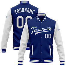 Загрузить изображение в средство просмотра галереи, Custom Royal White Bomber Full-Snap Varsity Letterman Two Tone Jacket
