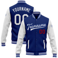 Charger l&#39;image dans la galerie, Custom Royal White-Red Bomber Full-Snap Varsity Letterman Two Tone Jacket
