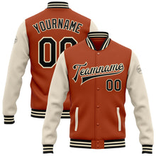 Laden Sie das Bild in den Galerie-Viewer, Custom Texas Orange Black-Cream Bomber Full-Snap Varsity Letterman Two Tone Jacket
