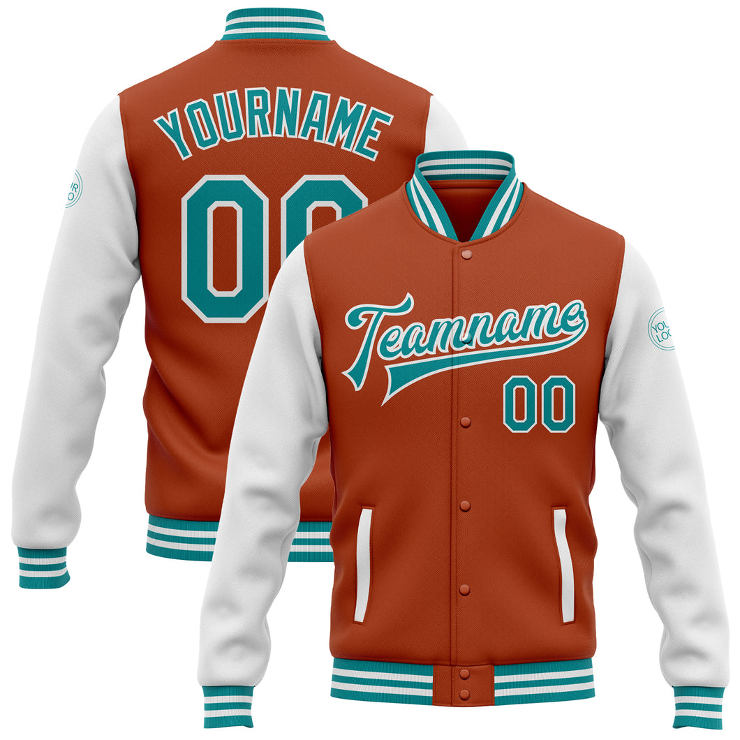 Cheap Custom Pink Teal-White Bomber Full-Snap Varsity Letterman