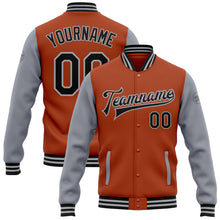 Laden Sie das Bild in den Galerie-Viewer, Custom Texas Orange Black-Gray Bomber Full-Snap Varsity Letterman Two Tone Jacket
