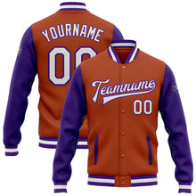 Laden Sie das Bild in den Galerie-Viewer, Custom Texas Orange White-Purple Bomber Full-Snap Varsity Letterman Two Tone Jacket
